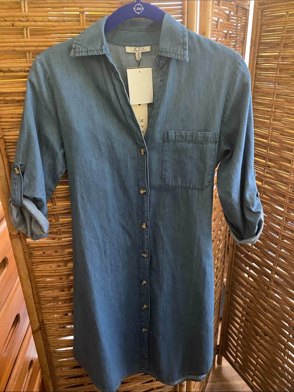 Washed Blue Long-Sleeve Denim Shirt Dress